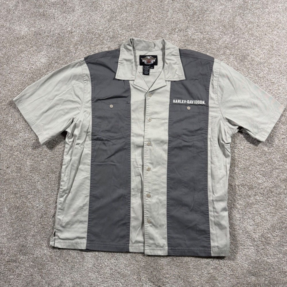 Harley-Davidson Mens XXL Two Tone Grey Tan Short Sleeve Button Up Shirt Logo